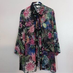 Floral Sheer Blouse with Tie Neck